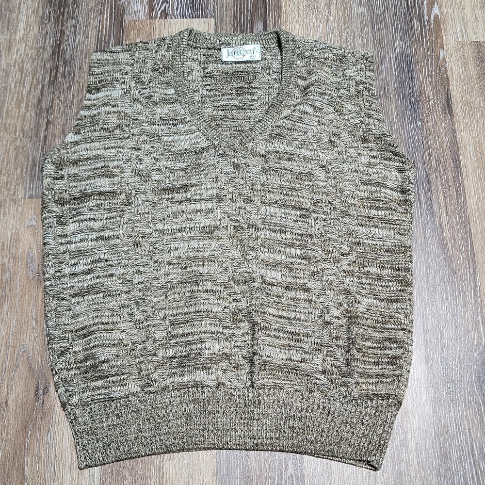 VTG Jantzen Cable Knit Cardigan Sweater Vest Men L V Neck Brown Preppy Made USA